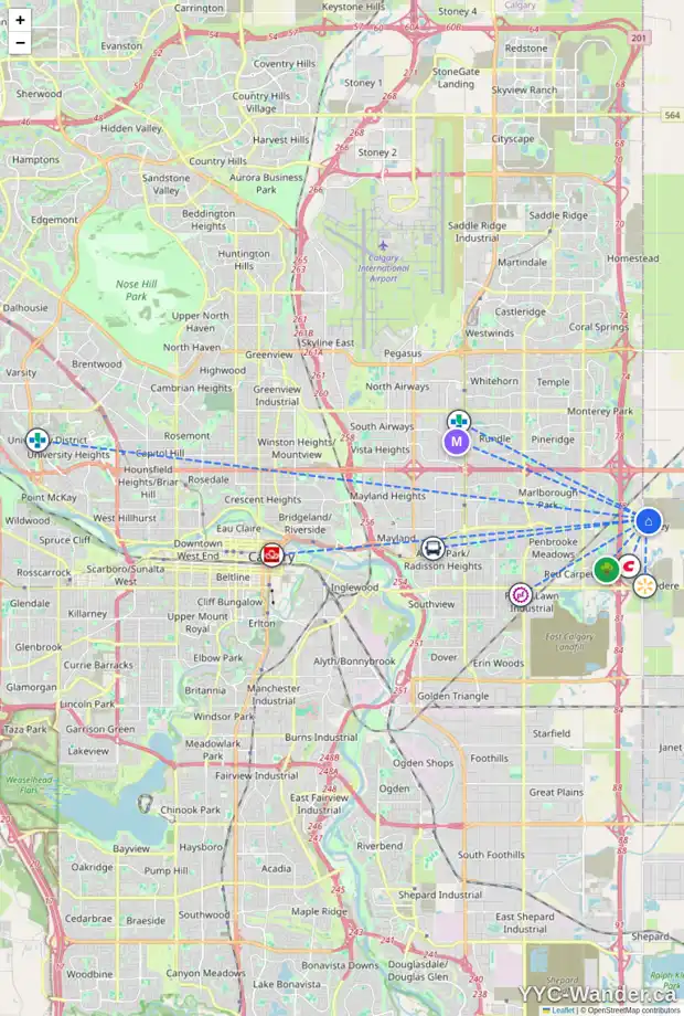 Daily accessibility map for 8566 HUXBURY DR NE, Calgary showing nearby schools, grocery stores, parks, LRT stations and nearby amenities