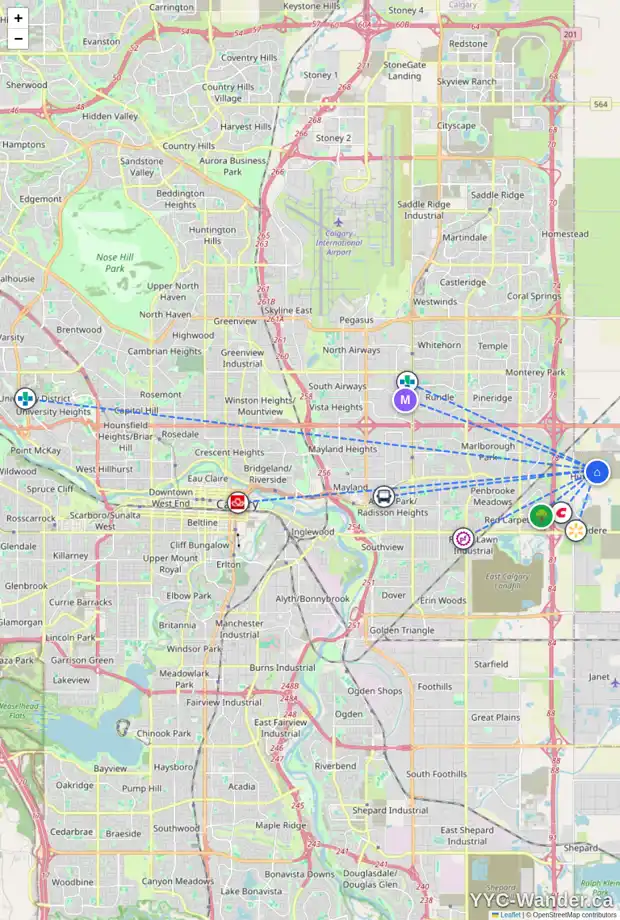 Daily accessibility map for 9124 HUXBURY DR NE, Calgary showing nearby schools, grocery stores, parks, LRT stations and nearby amenities