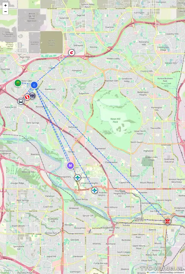 Daily accessibility map for 75 ARBOUR VISTA WY NW, Calgary showing nearby schools, grocery stores, parks, LRT stations and nearby amenities