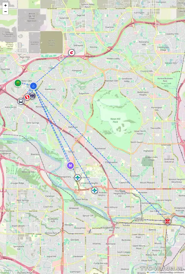Daily accessibility map for 98 ARBOUR VISTA RD NW, Calgary showing nearby schools, grocery stores, parks, LRT stations and nearby amenities