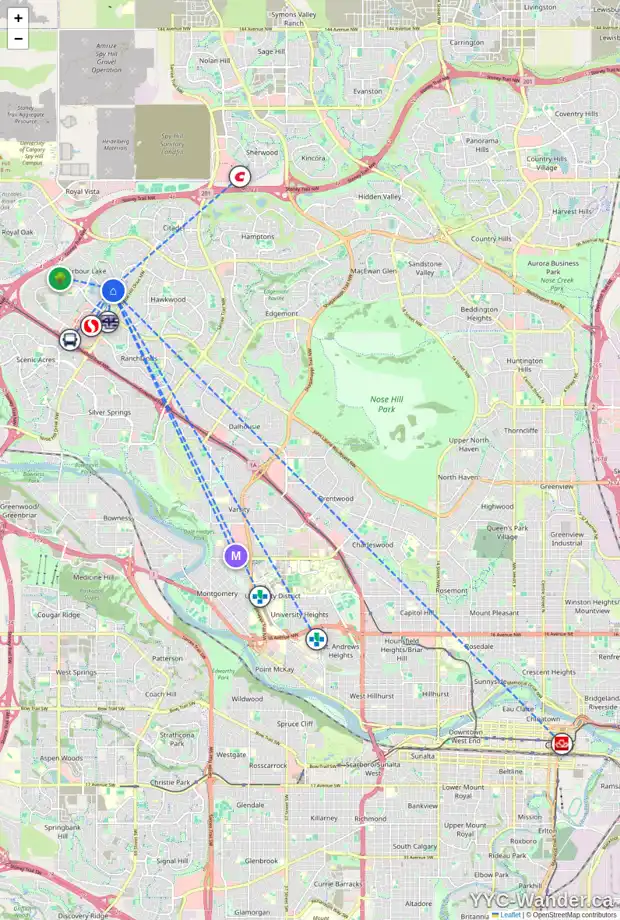 Daily accessibility map for 99 ARBOUR VISTA RD NW, Calgary showing nearby schools, grocery stores, parks, LRT stations and nearby amenities