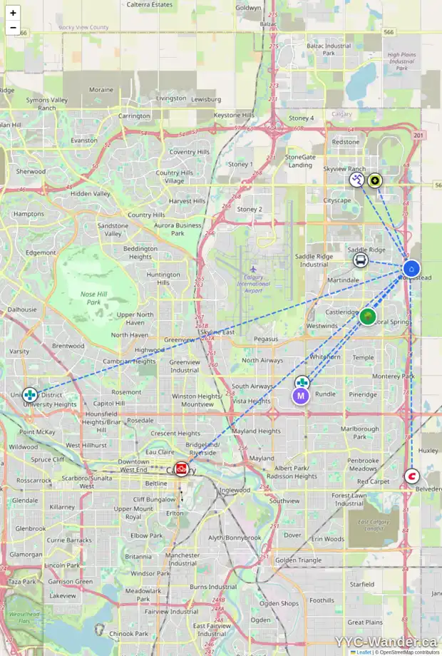 Daily accessibility map for 123 HOMESTEAD CM NE, Calgary showing nearby schools, grocery stores, parks, LRT stations and nearby amenities