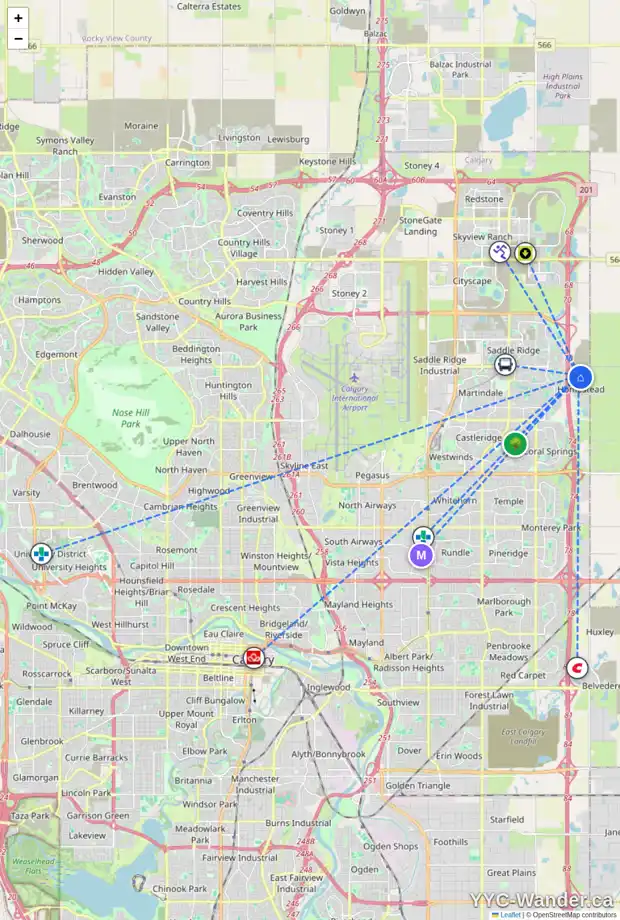 Daily accessibility map for 46 HOMESTEAD CM NE, Calgary showing nearby schools, grocery stores, parks, LRT stations and nearby amenities