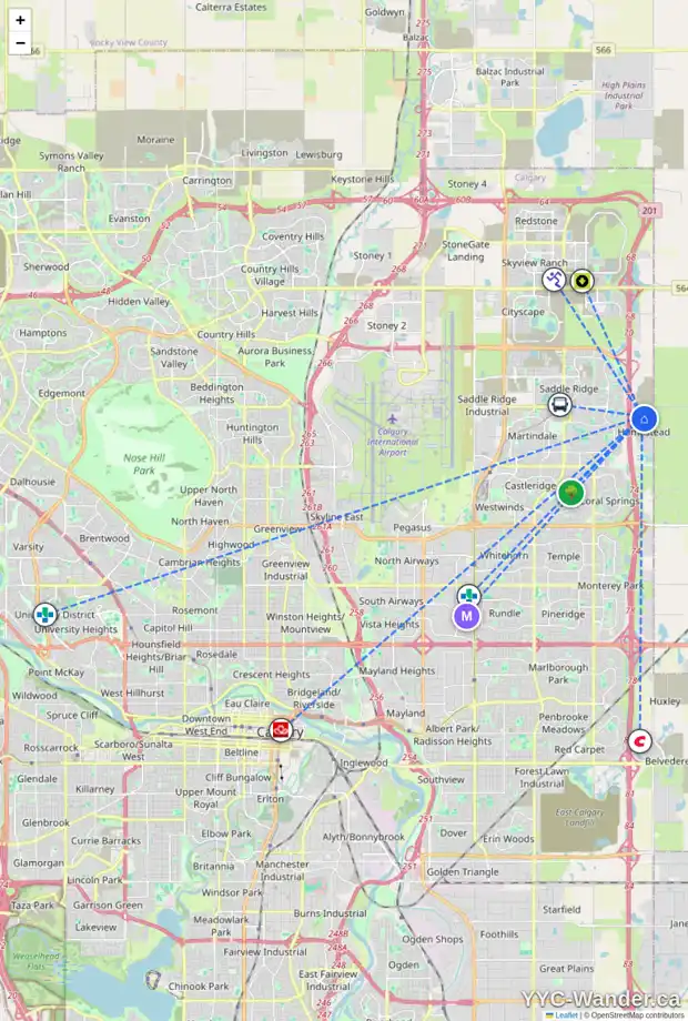 Daily accessibility map for 34 HOMESTEAD CM NE, Calgary showing nearby schools, grocery stores, parks, LRT stations and nearby amenities
