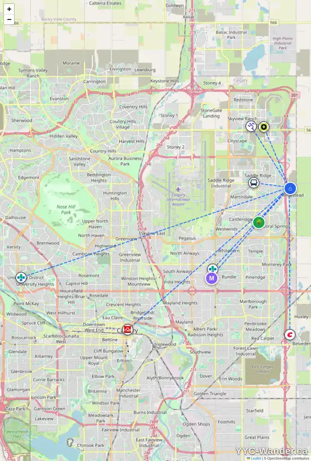 Daily accessibility map for 9 HOMESTEAD VW NE, Calgary showing nearby schools, grocery stores, parks, LRT stations and nearby amenities