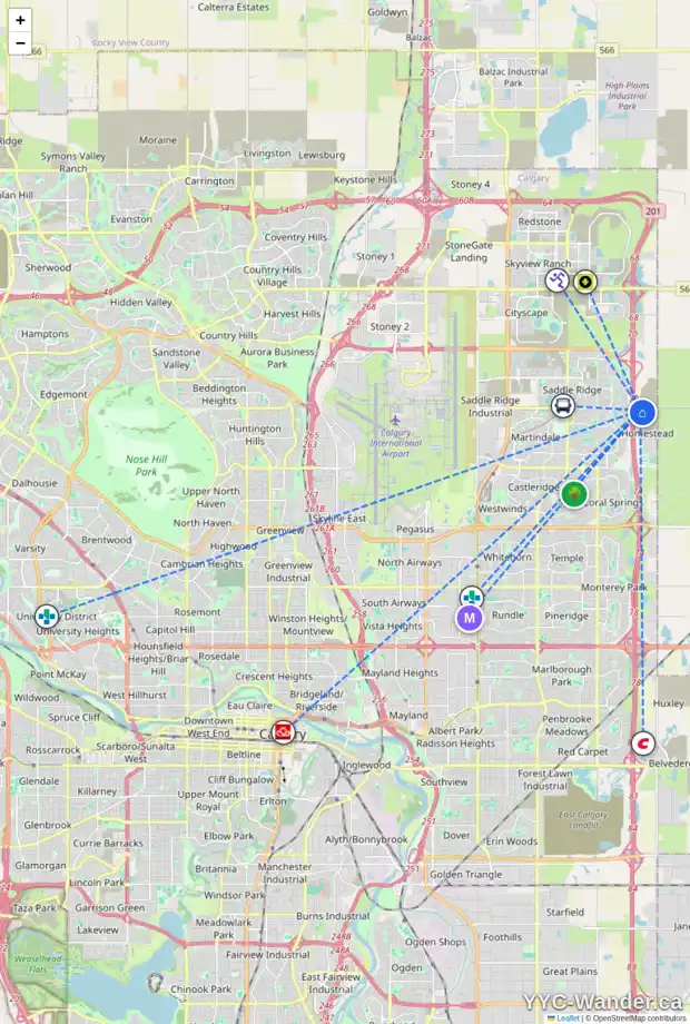 Daily accessibility map for 203 HOMESTEAD CM NE, Calgary showing nearby schools, grocery stores, parks, LRT stations and nearby amenities
