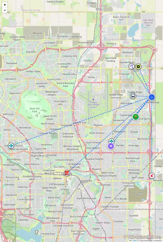 Daily accessibility map for 215 HOMESTEAD CM NE, Calgary showing nearby schools, grocery stores, parks, LRT stations and nearby amenities