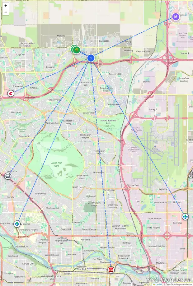 Daily accessibility map for 80 CARRINGVUE PL NW, Calgary showing nearby schools, grocery stores, parks, LRT stations and nearby amenities