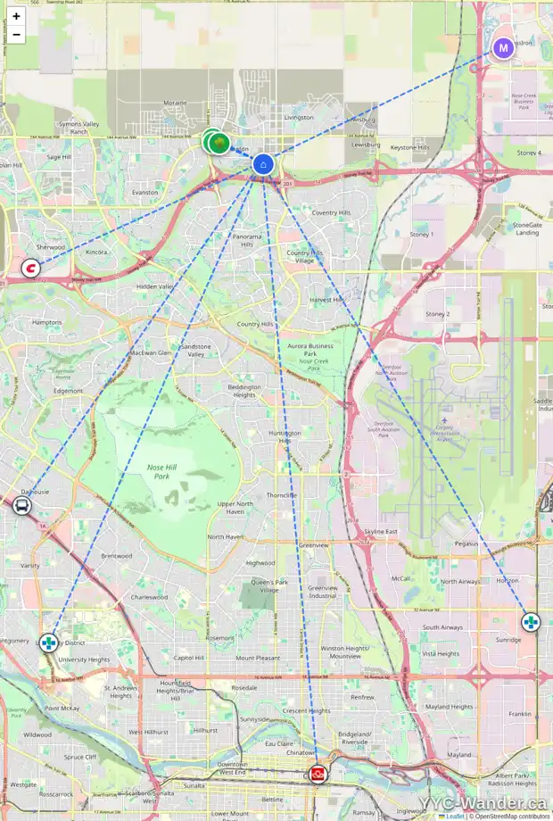 Daily accessibility map for 402 CARRINGVUE GV NW, Calgary showing nearby schools, grocery stores, parks, LRT stations and nearby amenities