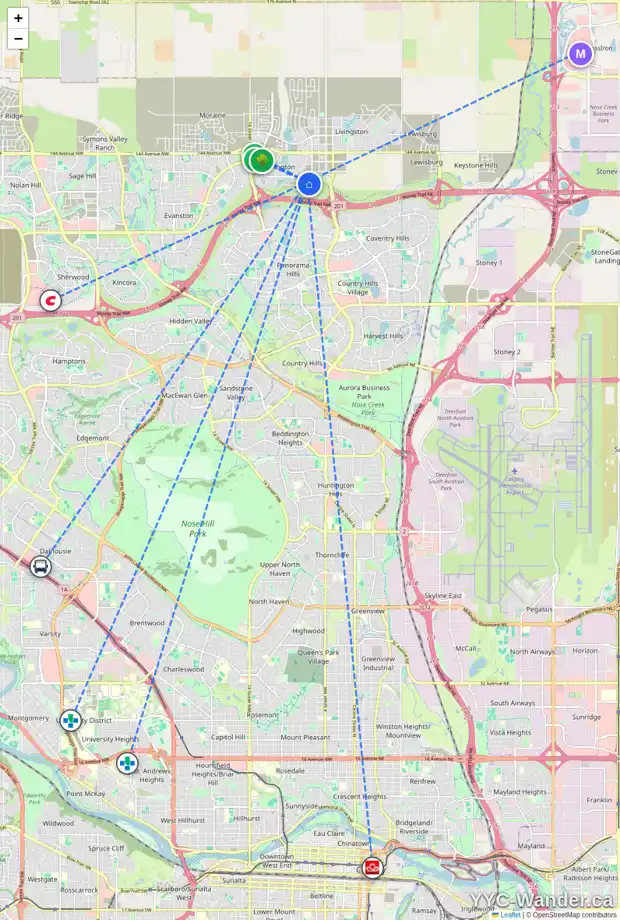 Daily accessibility map for 403 CARRINGVUE GV NW, Calgary showing nearby schools, grocery stores, parks, LRT stations and nearby amenities