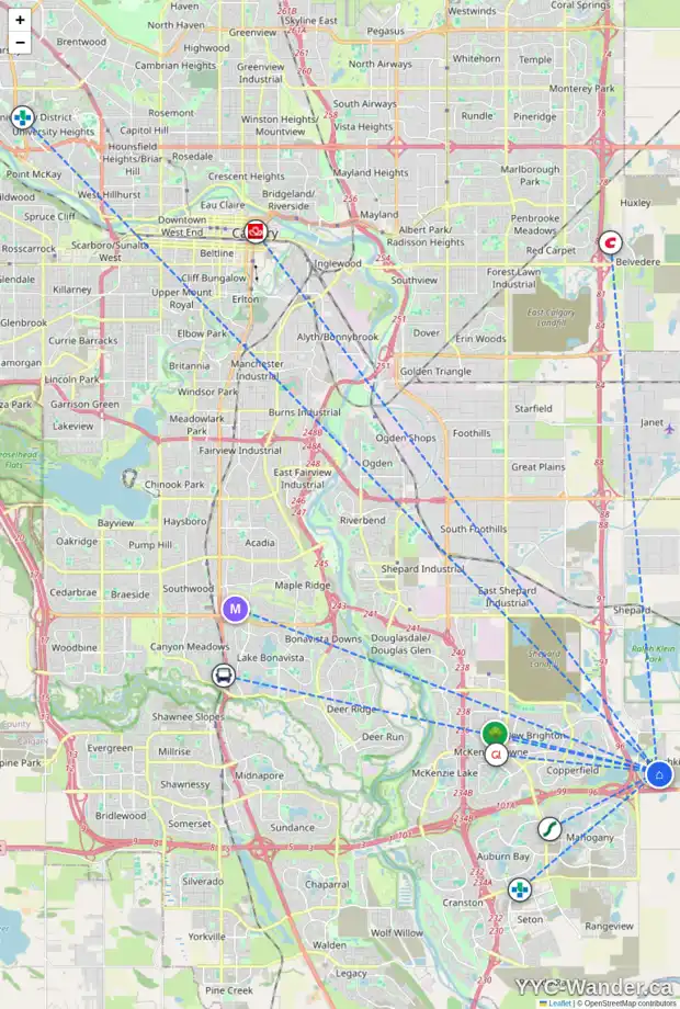 Daily accessibility map for 13 HOTCHKISS GD SE, Calgary showing nearby schools, grocery stores, parks, LRT stations and nearby amenities