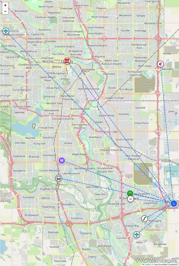 Daily accessibility map for 354 HOTCHKISS CM SE, Calgary showing nearby schools, grocery stores, parks, LRT stations and nearby amenities