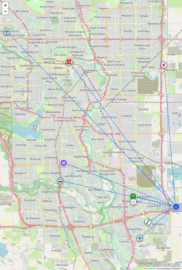 Daily accessibility map for 66 HOTCHKISS GD SE, Calgary showing nearby schools, grocery stores, parks, LRT stations and nearby amenities