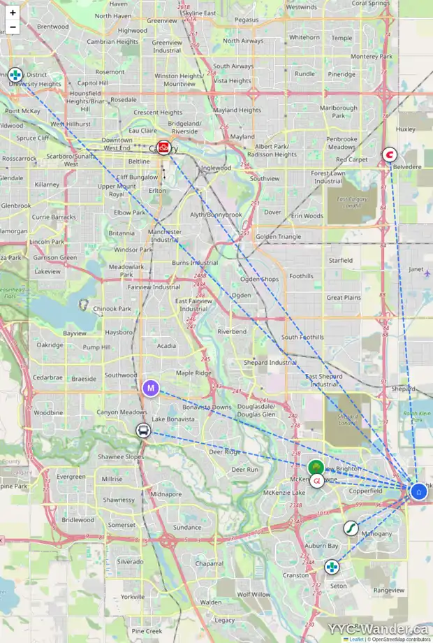 Daily accessibility map for 39 HOTCHKISS AV SE, Calgary showing nearby schools, grocery stores, parks, LRT stations and nearby amenities