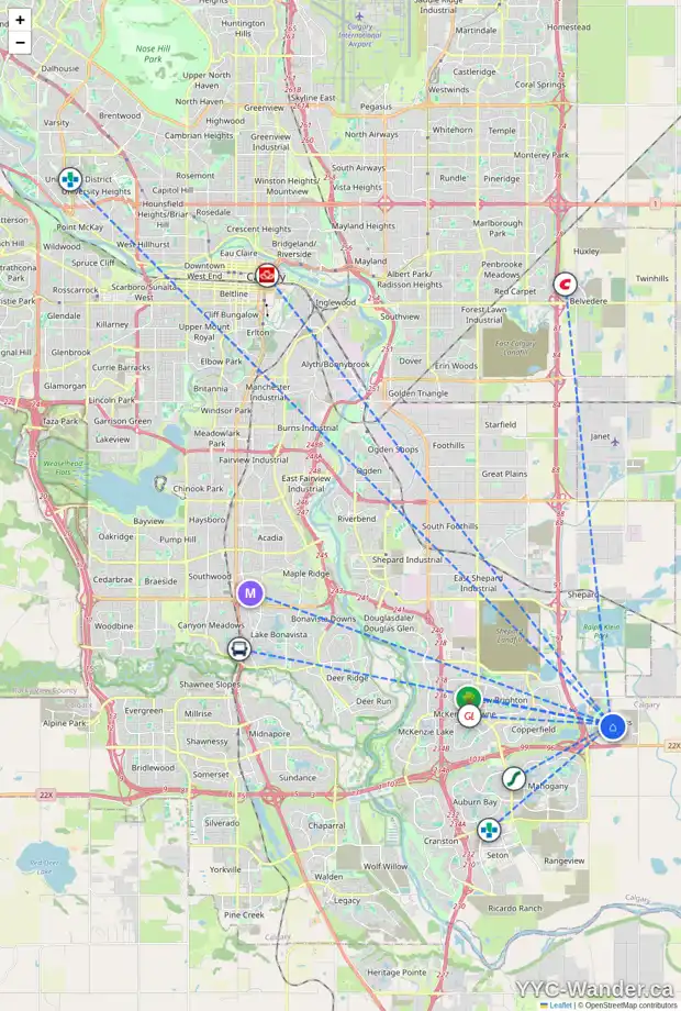 Daily accessibility map for 459 HOTCHKISS MR SE, Calgary showing nearby schools, grocery stores, parks, LRT stations and nearby amenities