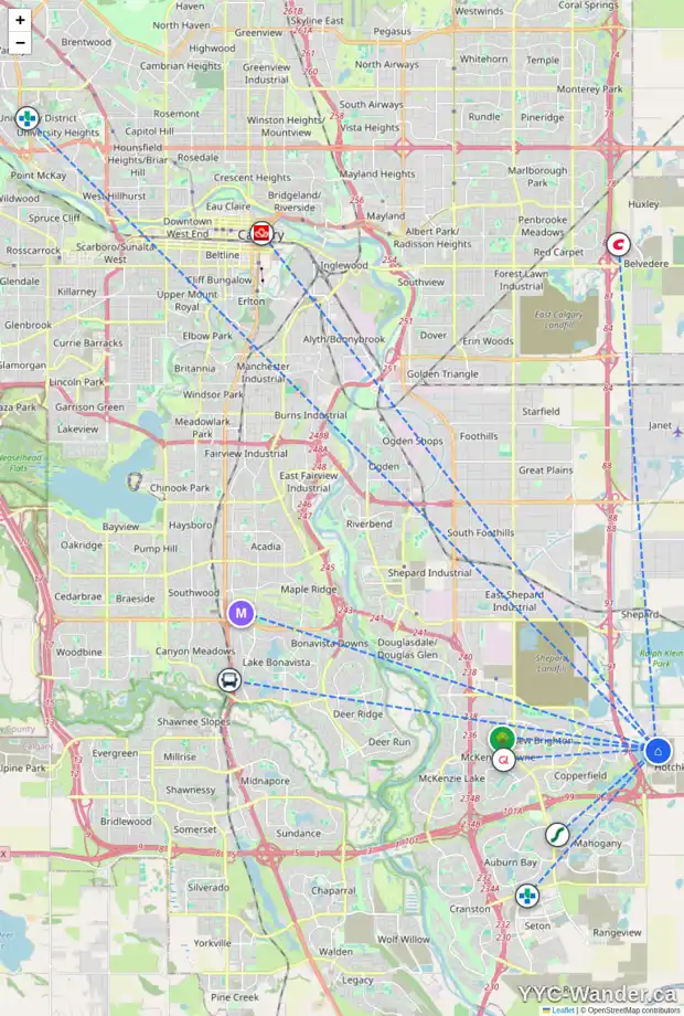 Daily accessibility map for 217 HOTCHKISS RD SE, Calgary showing nearby schools, grocery stores, parks, LRT stations and nearby amenities