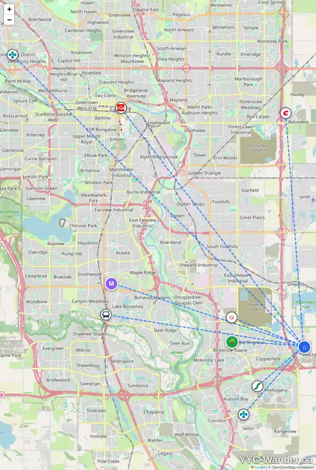 Daily accessibility map for 205 HOTCHKISS RD SE, Calgary showing nearby schools, grocery stores, parks, LRT stations and nearby amenities