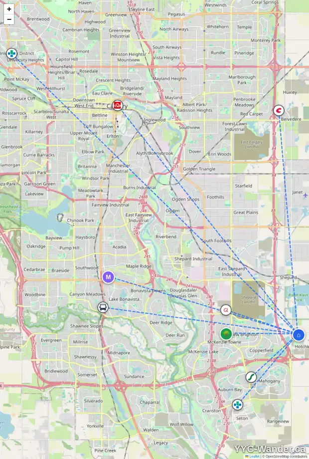 Daily accessibility map for 25 HOTCHKISS RD SE, Calgary showing nearby schools, grocery stores, parks, LRT stations and nearby amenities