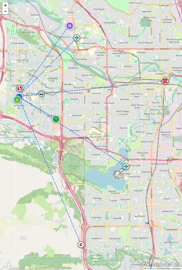 Daily accessibility map for 403 205 SPRING CREEK CM SW, Calgary showing nearby schools, grocery stores, parks, LRT stations and nearby amenities