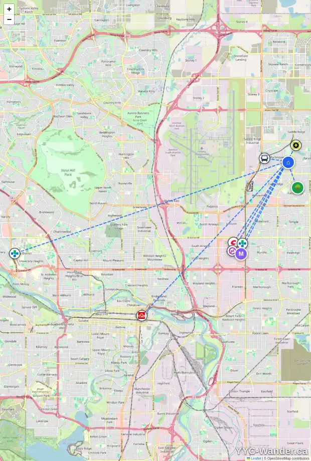Daily accessibility map for 23 MARTINWOOD RD NE, Calgary showing nearby schools, grocery stores, parks, LRT stations and nearby amenities