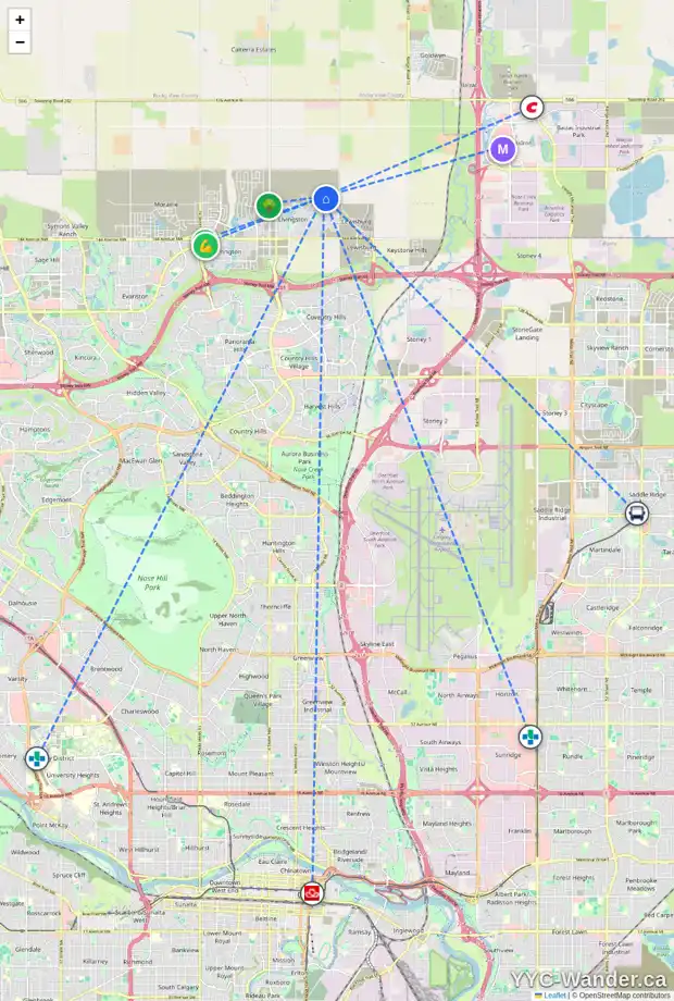 Daily accessibility map for 411 HERRON LD NE, Calgary showing nearby schools, grocery stores, parks, LRT stations and nearby amenities