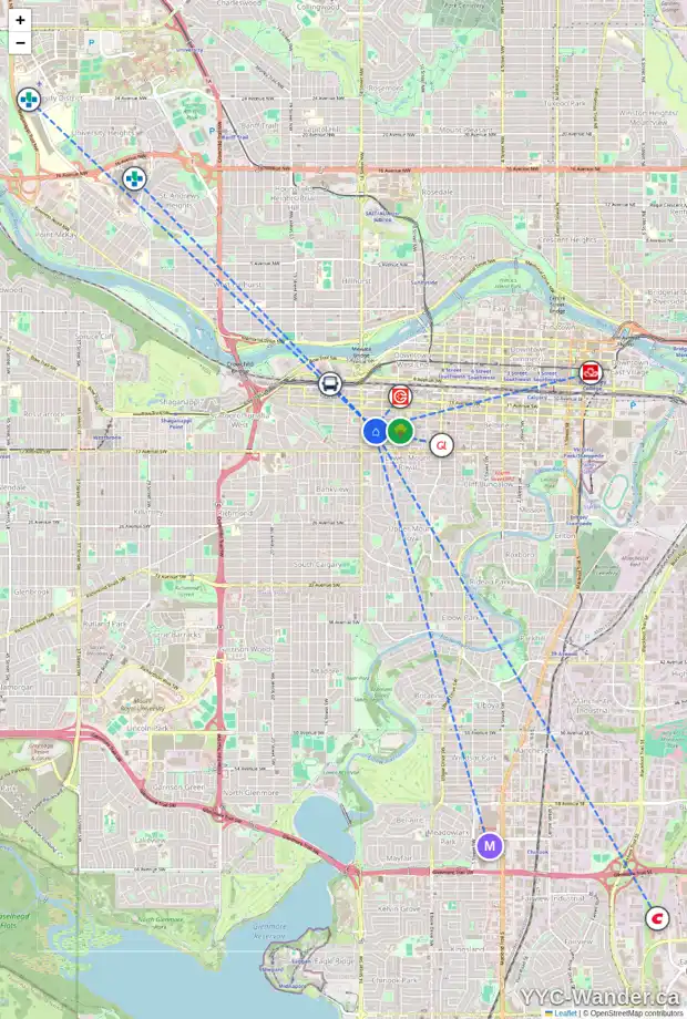 Daily accessibility map for 605 1319 14 AV SW, Calgary showing nearby schools, grocery stores, parks, LRT stations and nearby amenities
