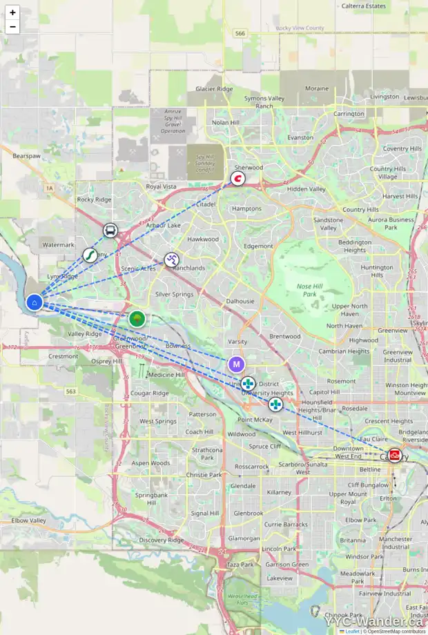 Daily accessibility map for 59 ROWMONT GD NW, Calgary showing nearby schools, grocery stores, parks, LRT stations and nearby amenities