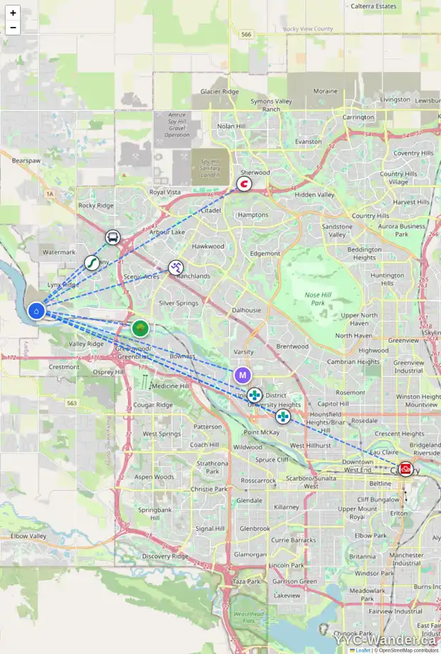 Daily accessibility map for 38 ROWMONT GD NW, Calgary showing nearby schools, grocery stores, parks, LRT stations and nearby amenities