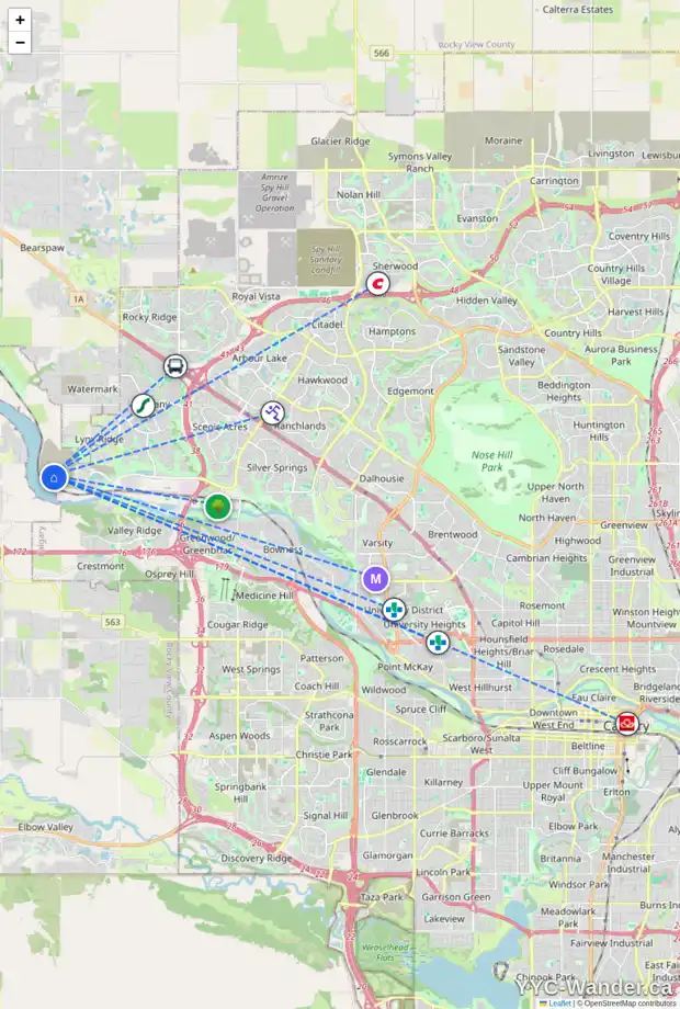 Daily accessibility map for 44 RODELLE PA NW, Calgary showing nearby schools, grocery stores, parks, LRT stations and nearby amenities
