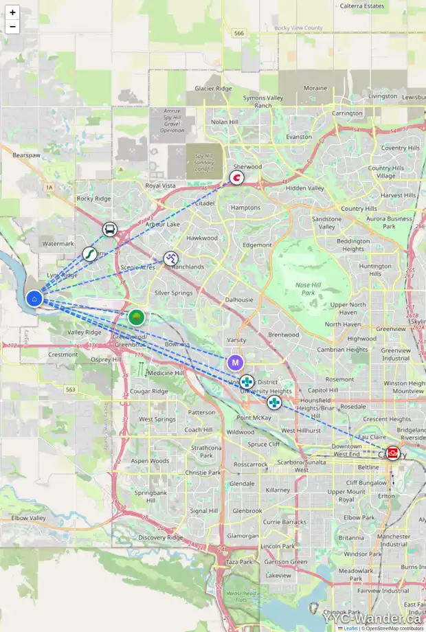 Daily accessibility map for 40 RODELLE PA NW, Calgary showing nearby schools, grocery stores, parks, LRT stations and nearby amenities