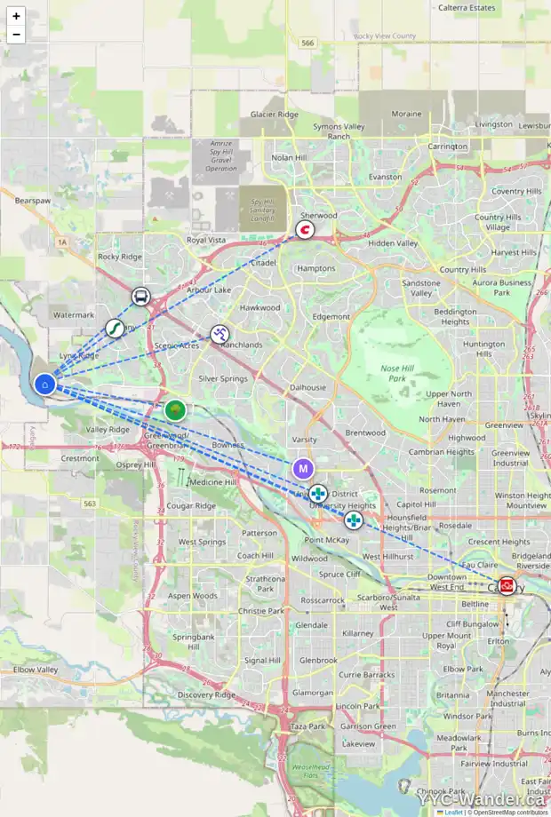 Daily accessibility map for 12 RODELLE PA NW, Calgary showing nearby schools, grocery stores, parks, LRT stations and nearby amenities