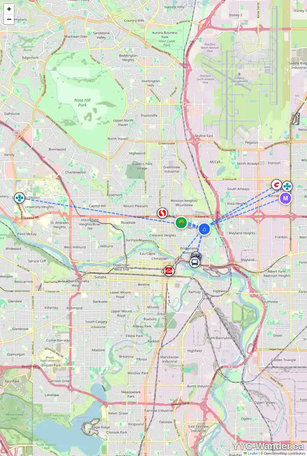 Daily accessibility map for 1143 RICHLAND RD NE, Calgary showing nearby schools, grocery stores, parks, LRT stations and nearby amenities