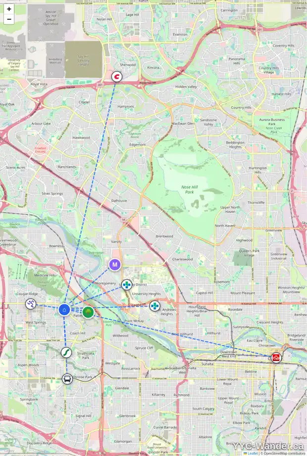 Daily accessibility map for 16 WEST SPRINGS GA SW, Calgary showing nearby schools, grocery stores, parks, LRT stations and nearby amenities