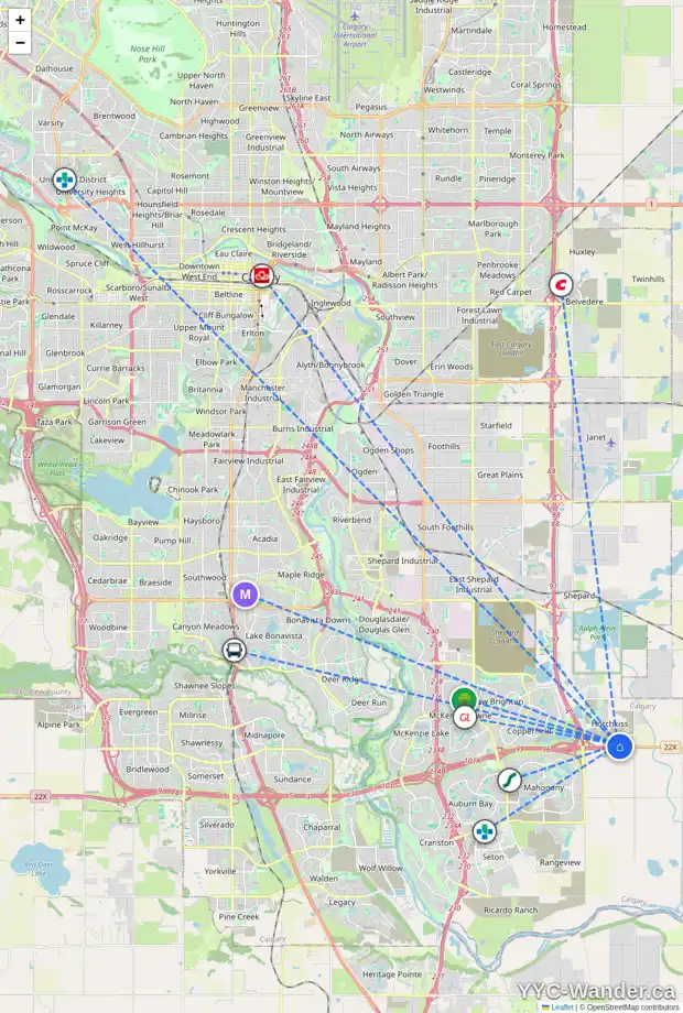 Daily accessibility map for 118 SORA GD SE, Calgary showing nearby schools, grocery stores, parks, LRT stations and nearby amenities