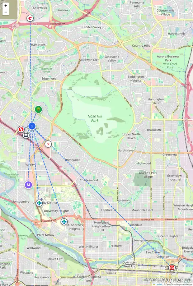 Daily accessibility map for 6064 DALFORD HL NW, Calgary showing nearby schools, grocery stores, parks, LRT stations and nearby amenities