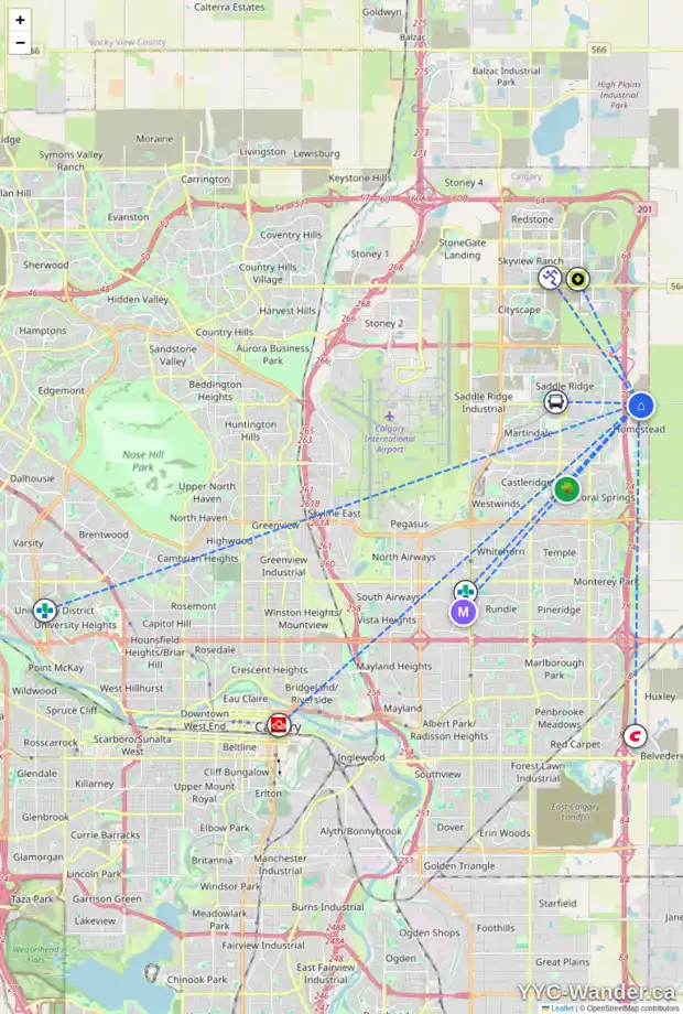 Daily accessibility map for 747 HOMESTEAD DR NE, Calgary showing nearby schools, grocery stores, parks, LRT stations and nearby amenities