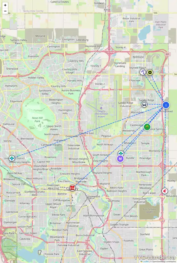 Daily accessibility map for 169 HOMESTEAD VW NE, Calgary showing nearby schools, grocery stores, parks, LRT stations and nearby amenities