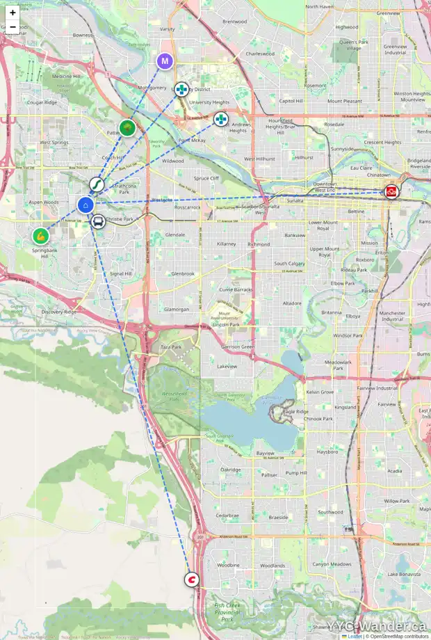 Daily accessibility map for 133 ASPEN MEADOWS CO SW, Calgary showing nearby schools, grocery stores, parks, LRT stations and nearby amenities