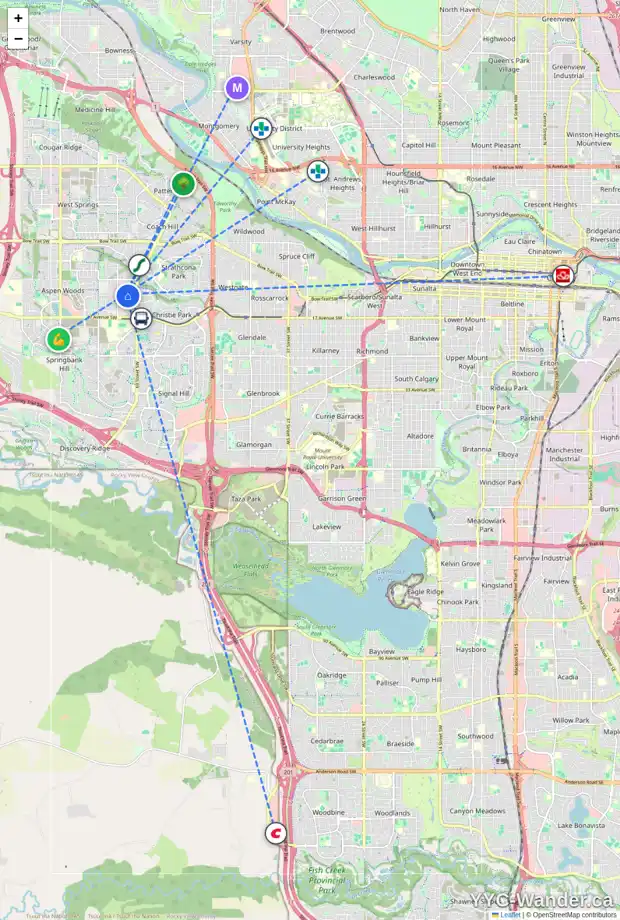 Daily accessibility map for 222 ASPEN MEADOWS CO SW, Calgary showing nearby schools, grocery stores, parks, LRT stations and nearby amenities