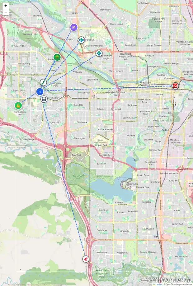Daily accessibility map for 228 ASPEN MEADOWS CO SW, Calgary showing nearby schools, grocery stores, parks, LRT stations and nearby amenities