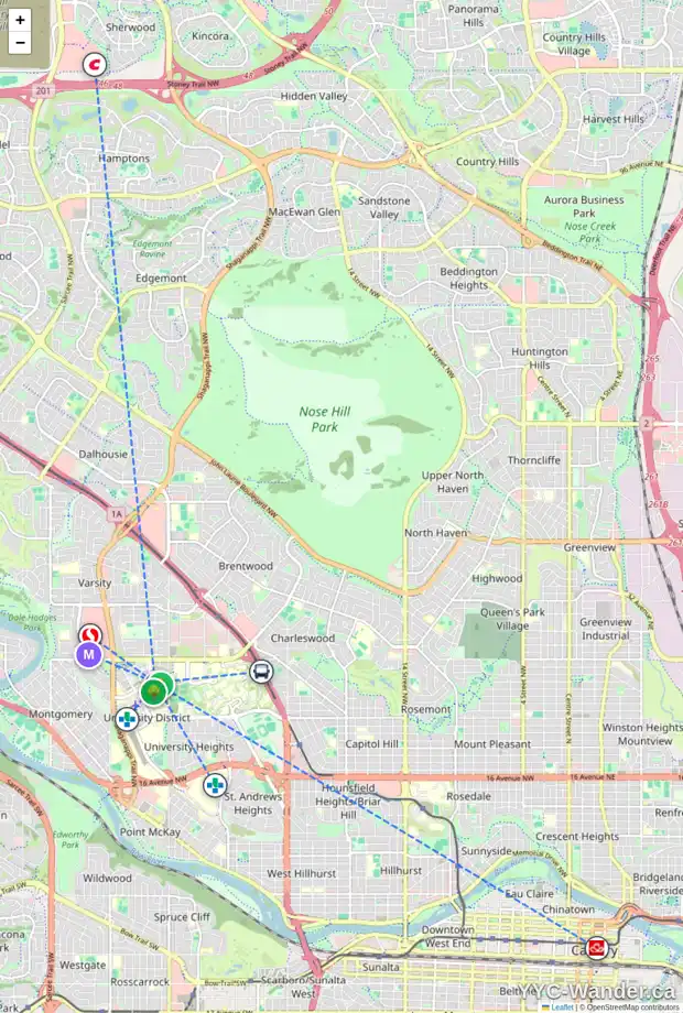 Daily accessibility map for 212 3932 UNIVERSITY AV NW, Calgary showing nearby schools, grocery stores, parks, LRT stations and nearby amenities