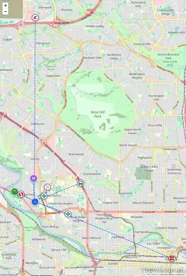 Daily accessibility map for 4519 20 AV NW, Calgary showing nearby schools, grocery stores, parks, LRT stations and nearby amenities