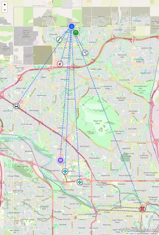 Daily accessibility map for 150 DRYSTONE WY NW, Calgary showing nearby schools, grocery stores, parks, LRT stations and nearby amenities