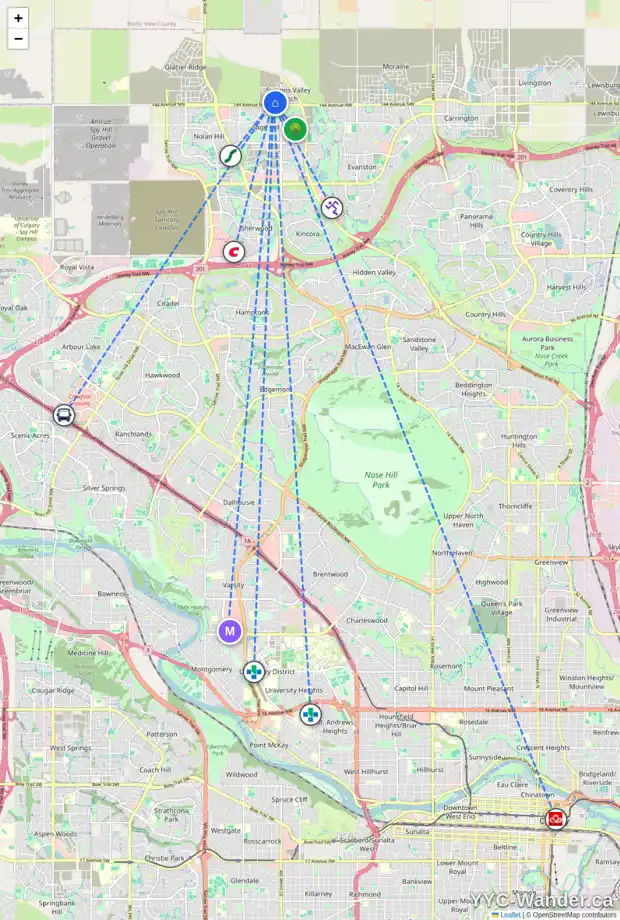 Daily accessibility map for 185 DRYSTONE WY NW, Calgary showing nearby schools, grocery stores, parks, LRT stations and nearby amenities