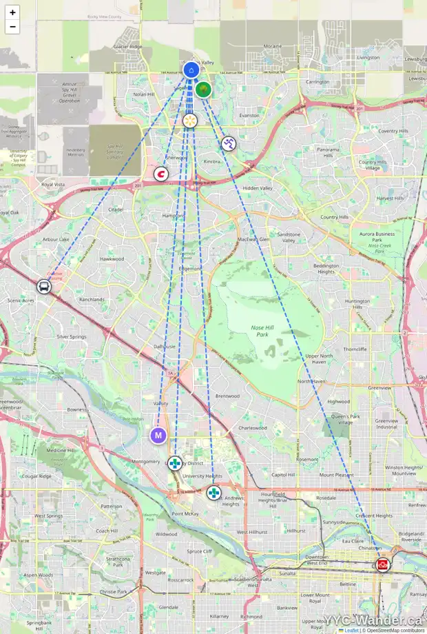 Daily accessibility map for 208 DRYSTONE WK NW, Calgary showing nearby schools, grocery stores, parks, LRT stations and nearby amenities
