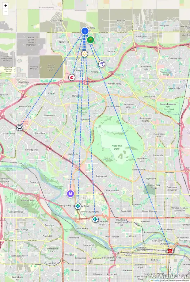 Daily accessibility map for 216 DRYSTONE WK NW, Calgary showing nearby schools, grocery stores, parks, LRT stations and nearby amenities