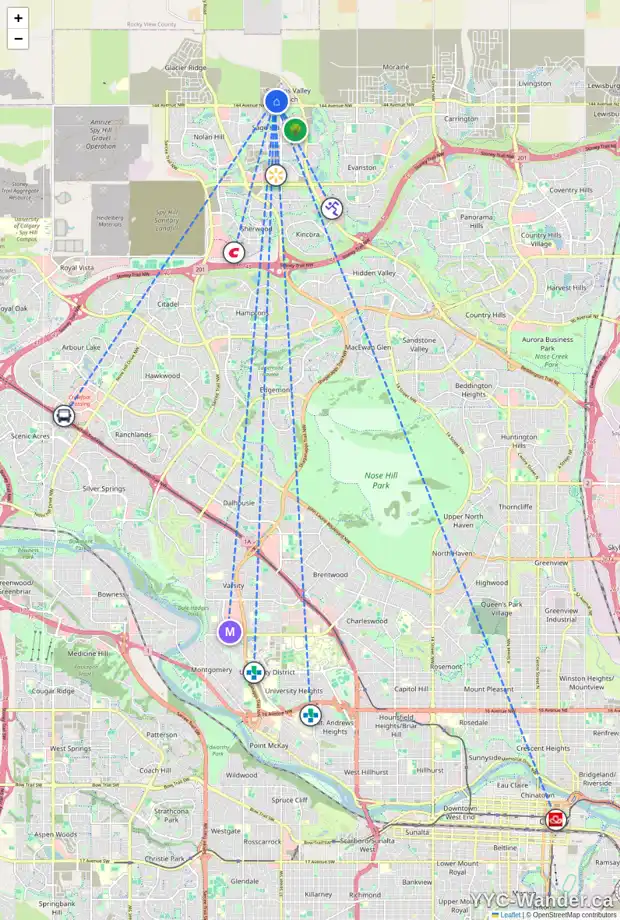 Daily accessibility map for 220 DRYSTONE WK NW, Calgary showing nearby schools, grocery stores, parks, LRT stations and nearby amenities