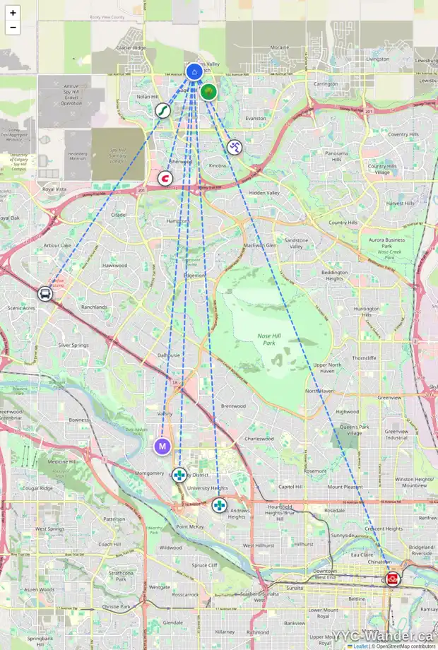 Daily accessibility map for 240 DRYSTONE WK NW, Calgary showing nearby schools, grocery stores, parks, LRT stations and nearby amenities