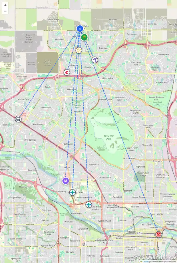 Daily accessibility map for 98 DRYSTONE WY NW, Calgary showing nearby schools, grocery stores, parks, LRT stations and nearby amenities
