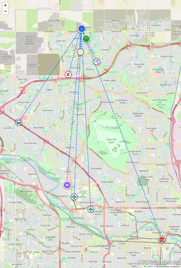 Daily accessibility map for 54 DRYSTONE WY NW, Calgary showing nearby schools, grocery stores, parks, LRT stations and nearby amenities